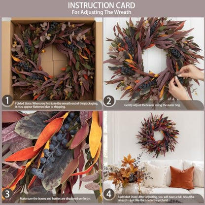 Fall Wreath for Front Door - Eucalyptus & Blueberry Decor, 26 Inches