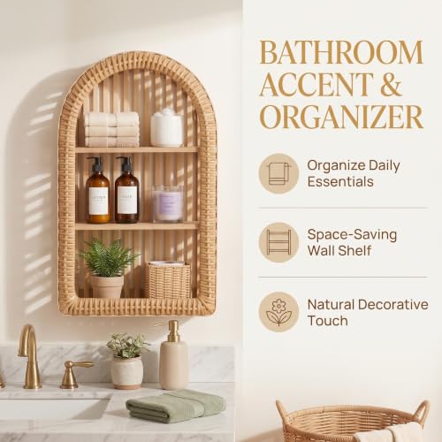 Natural Wood Rattan Wall Shelf - 3 Tier Boho Arched Wicker Hanging Shelves