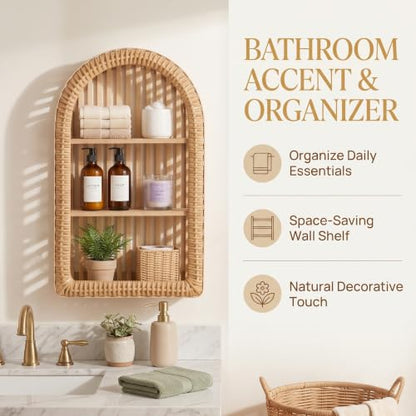 Natural Wood Rattan Wall Shelf - 3 Tier Boho Arched Wicker Hanging Shelves