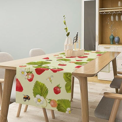 Spring Summer Strawberry Table Runner 13x36in - Rustic Fruit & Flower Print
