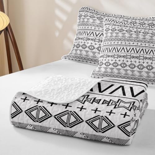 White Black Boho Geometric Quilt Set Twin with Pillowcase - Modern Bedding