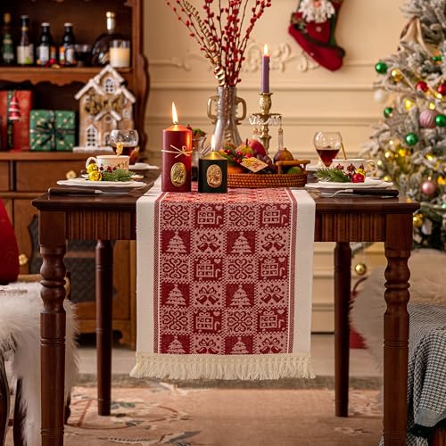 Christmas Table Runner 95 Inches with Tassel Fringe - Red Sds 14x95