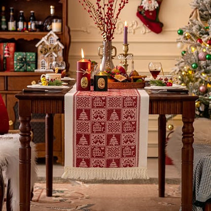 Christmas Table Runner 95 Inches with Tassel Fringe - Red Sds 14x95