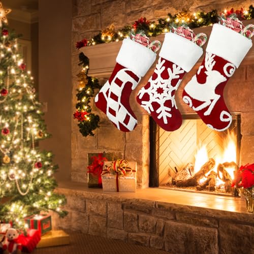 Set of 3 Red Embroidered Christmas Stockings - 18 Inch Holiday Decor