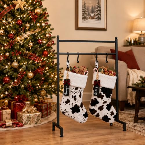 Cow Print Christmas Stockings 20 Inch Faux Fur Personalized Name Tags - Set of 2