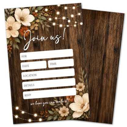 25 Pack Rustic Wood Floral Invitations with Envelopes - Fill-in Party Cards