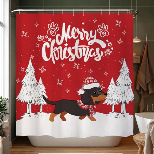 Dachshund Christmas Shower Curtain - 71x71 Inch Holiday Fabric Bath Decor Variation