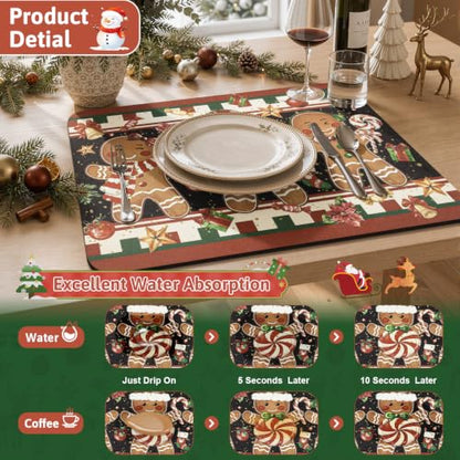 Christmas Dish Drying Mat Gingerbread Candy Cane 12x20 Inch - Holiday Kitchen Decor