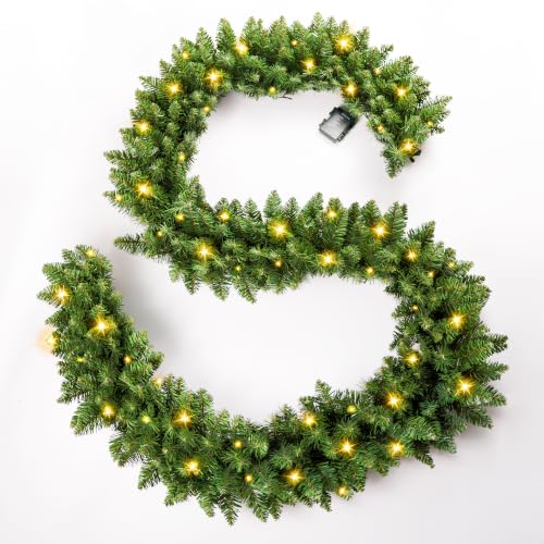 9FT Prelit Christmas Garland with Battery Timer - Green Artificial Pine with LED Lights - Indoor Outdoor Holiday Decor - 1 Count