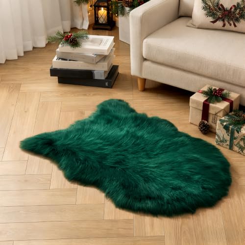Dark Green Faux Fur Sheepskin Rug 2x3 ft - Plush Fluffy Area Rug for Home Decor