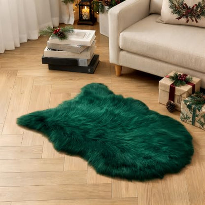 Dark Green Faux Fur Sheepskin Rug 2x3 ft - Plush Fluffy Area Rug for Home Decor