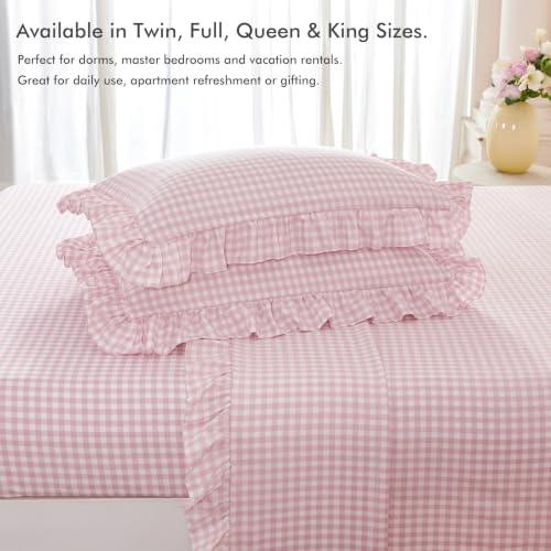 Pink Gingham Ruffle Sheet Set for Girls, Full Size - 4 Pieces Variation of Pink Gingham / Full