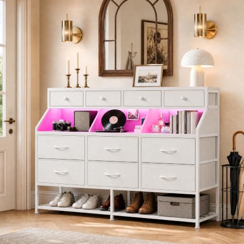2-in-1 Dresser with 10 Drawers, Shoe Rack & LED Lighting - White Variation