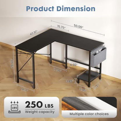 DUMOS L-Shaped Computer Desk with PC Stand - Reversible Corner Workstation, Black / 50-In