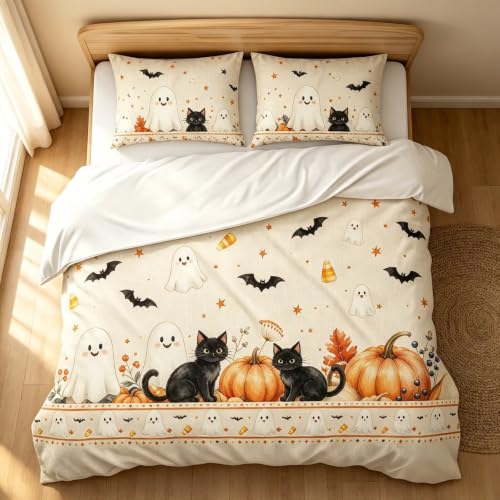Halloween Duvet Cover Set Queen Black Cat Ghost Pumpkin Border - Whimsical Spooky Season Bedding