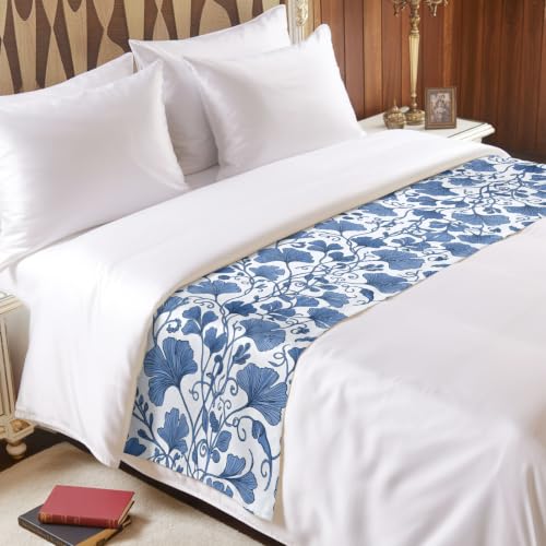 Blue Ginkgo Leaf Bed Runner Cal King Size Farmhouse Botanical Table & Bed Decor - 102x20