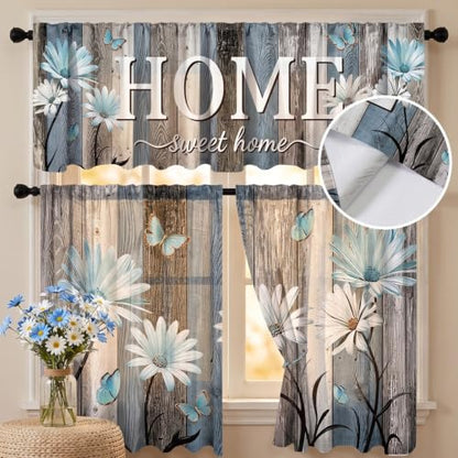 Farmhouse Daisy Kitchen Curtains and Valances Set Teal - Home Decor