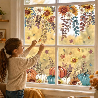 Fall Sunflower Pumpkin Window Clings Set - Autumn Glass Decor, 8 Sheets