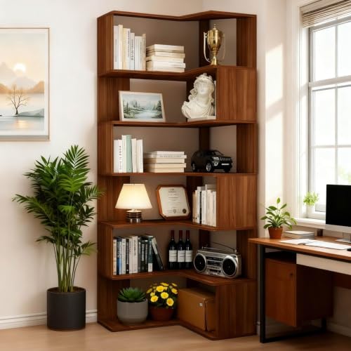 Walnut 6-Tier Corner Bookshelf Tall L-Shaped Bookcase for Home Office and Living Room