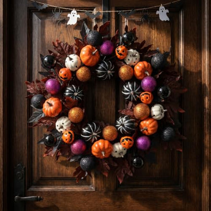 Halloween Ball Wreath for Front Door - 24 Inch Pumpkin Fall Decor Black Variation