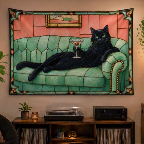 Black Cat Wall Tapestry - Green Couch & Wine Glass, 60x40 Inches - Variation of Black Cat Green Couch #TA005