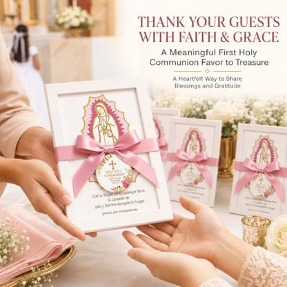 6-Piece Pink Virgen de Guadalupe First Communion Photo Frame Set with Satin Bows - Religious Favor for Guests