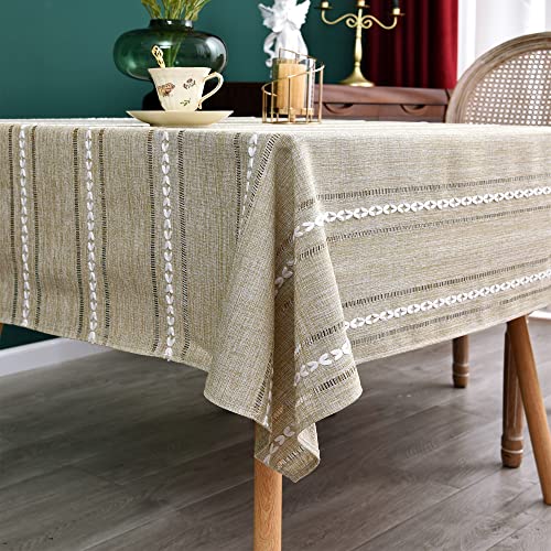 Farmhouse Embroidered Linen Texture Square Tablecloth 70x70 Inch Almond Buff