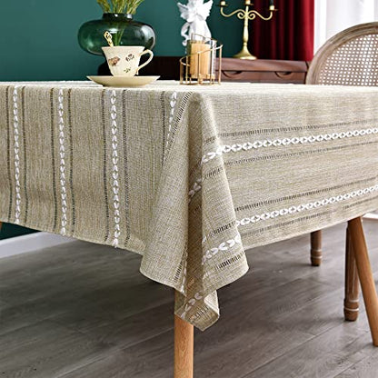 Farmhouse Embroidered Linen Texture Square Tablecloth 70x70 Inch Almond Buff