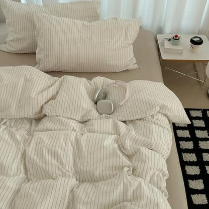 Queen Beige Striped Comforter Set - All Season Microfiber Bedding 3pcs