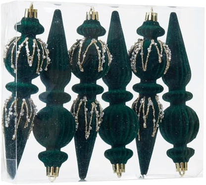 Dark Green Velvet Christmas Ornaments Set - 6 Shatterproof Plastic Holiday Balls
