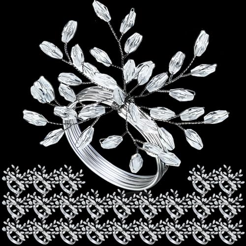 Willbond Christmas Crystal Leaf Napkin Rings Set - Silver, 12 Pieces