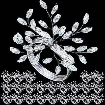Willbond Christmas Crystal Leaf Napkin Rings Set - Silver, 12 Pieces