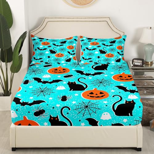 Feelyou Happy Halloween Full Size Bedding Set Decoration Pumpkin Lantern Sheets Set for Kids Boys Girls Spooky Cat Bat Fitted Sheet Teal Blue Bed Sheet Set Collection