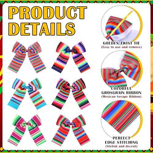 24 Pcs Christmas Mexican Serape Bows 5.5 Inch Christmas Mexican Ornaments Mexicano para Fiesta Colorful Rainbow Stripes Bowknots for Xmas Tree Gift Wrapping Wreath