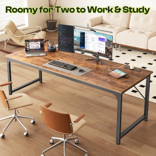 PRAISUN Rustic Brown 70 x 24 Inch Computer Desk with Power Outlets & USB-C - Reversible Setup