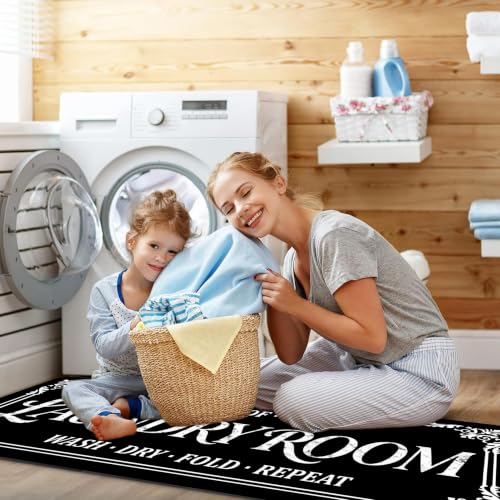 Farmhouse Non-Slip Laundry Room Rug Runner - Washable Black 1'5" x 3'11"