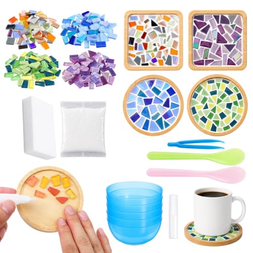 DIY Mosaic Coaster Kit with Glass Tiles and Wooden Coasters - 4 Pieces