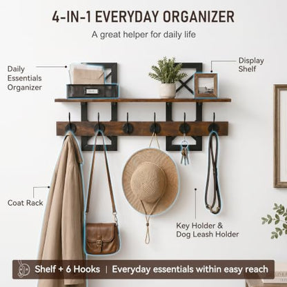Brown Wall Mounted Coat Rack with Shelf and Dual Hooks - Rustic Entryway Organizer