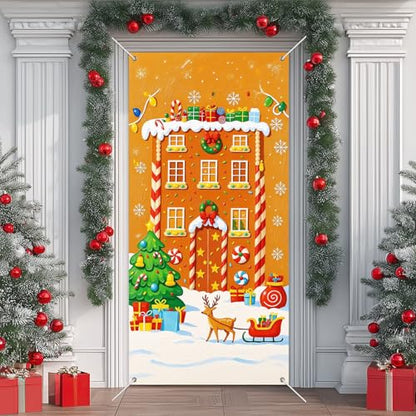 IVN Christmas Reindeer House Door Cover Banner - Classic Gingerbread Design 71 x 35 Inch