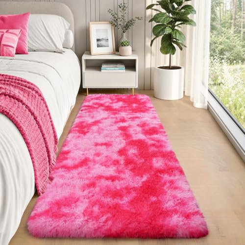 Tie-Dyed Hot Pink Runner Rug 2x6 ft Plush Shag Floor Mat for Hallway