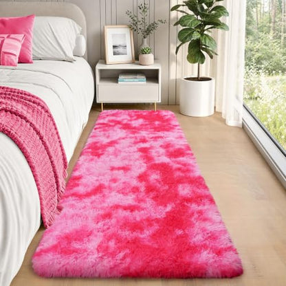 Tie-Dyed Hot Pink Runner Rug 2x6 ft Plush Shag Floor Mat for Hallway