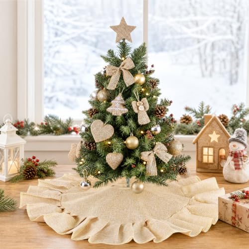 24 Inch Light Brown Burlap Christmas Tree Skirt Linen Mini Tree Mat Holiday Decor