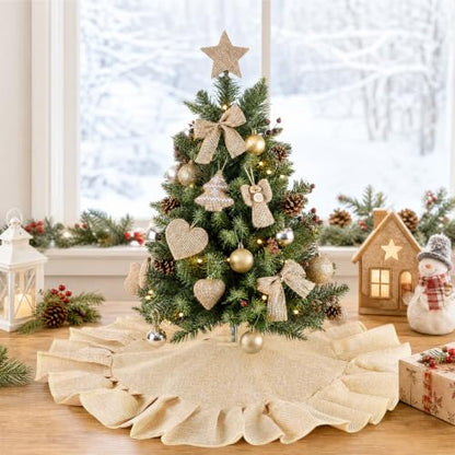 24 Inch Light Brown Burlap Christmas Tree Skirt Linen Mini Tree Mat Holiday Decor