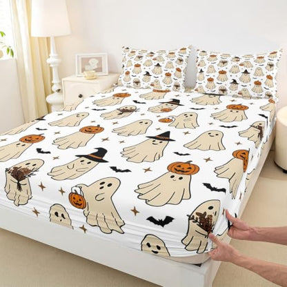 Beige Full Bed Sheets Set with Ghost Pumpkin Bats - Microfiber Breathable Soft