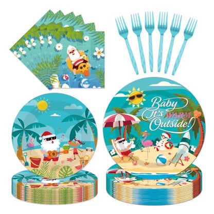 Christmas in July Party Tableware Set - 96 Pcs Summer Holiday Plates Napkins Forks