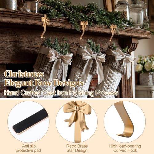 Christmas Stocking Holders Brass Bow Set - 6 Pcs Vintage Mantle Hooks