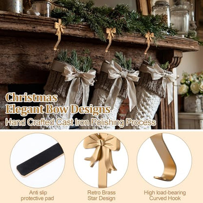 Christmas Stocking Holders Brass Bow Set - 6 Pcs Vintage Mantle Hooks