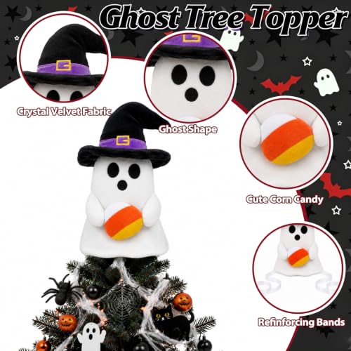 Halloween Ghost Tree Topper with Witch Hat and Candy Corn - 11 Inch Decor