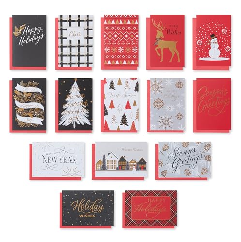 Holiday Greeting Card Bundle with Envelopes & Seals - Red, Black, White & Gold - 15 Count - TRAD HOLIDAY BNDL 15 CT