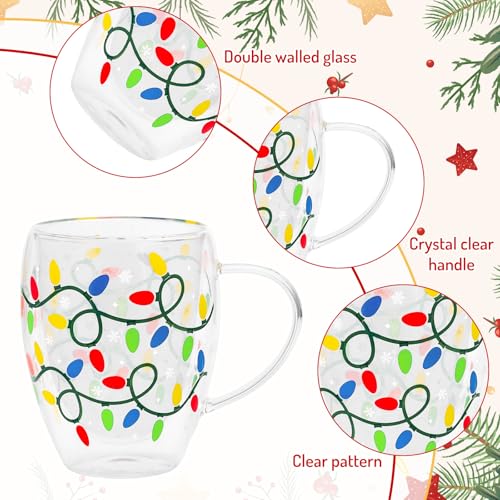 Colorful Xmas Light Bulb Double Wall Glass Coffee Mugs Set of 2 - 12Oz Holiday Drinkware